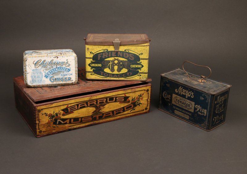 LOT OF TIN BOXES: including Barrus mustard box, a crystallized ginger box, Friend's Tobacco box, and a Maya's tobacco box