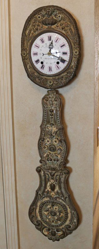 19TH C. FRENCH BRASS "WAG ON THE WALL" CLOCK,: the porcelain dial signed "Desmarres", h. 53", electrified