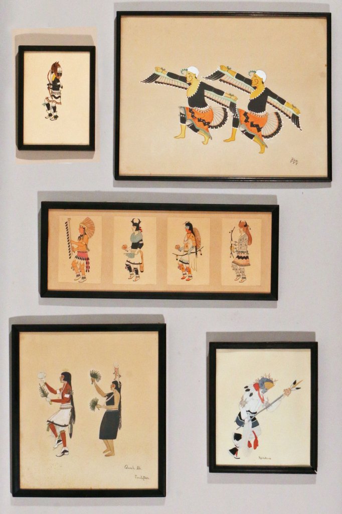 (5pc) NATIVE AMERICAN PAINTINGS ON PAPER: All in gouache/watercolor, including: Pablita Velarde (Amer. 1918-2006), Dancer with ram's horns, 8" x 6 1/2", sgd. lower right; Tonita Pena, Quah Ah (San Ildefonso, 1893-1949), Corndance, 10 3/4" x 9
