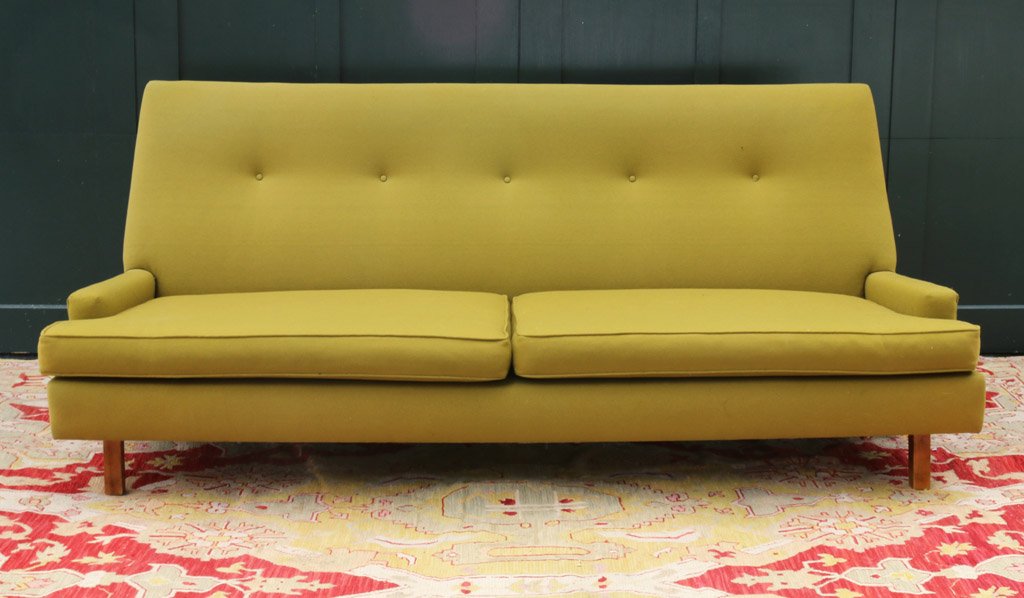 MID-CENTURY OLIVE WOOL SOFA: Two seat cushions, light overall fading; h. 36" w. 86" d. 37" seat 16": Very good condition.