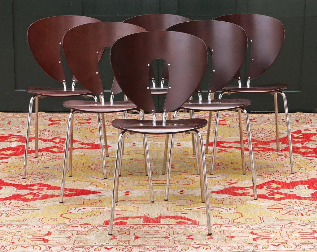 SET 6 JESUS GASCA "STUA" DINING CHAIRS: For Globus Design, analine dyed plywood, chromed steel, aluminum and plastic legs; labeled. h. 33" w. 18" d. 22" (seat height. 17")