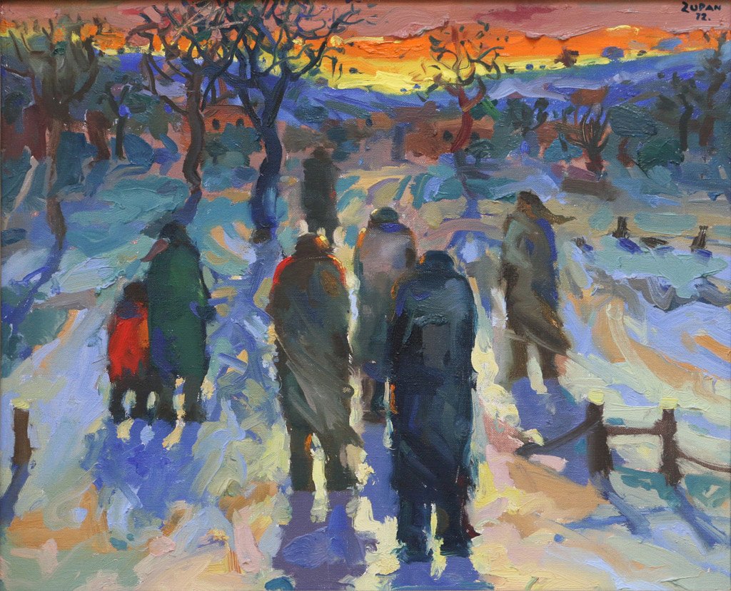 BRUNO STERN ZUPAN (American/French, b. 1936): 'Souvenirs a Enfance' (figures walking in the snow), oil on canvas, signed upper right; 18" x 21-1/2"