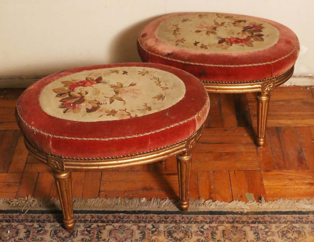 PAIR LOUIS XVI-STYLE GILT CARVED FOOT STOOLS: Late 19th/early 20th Century, each with Aubusson Petit Point upholstery