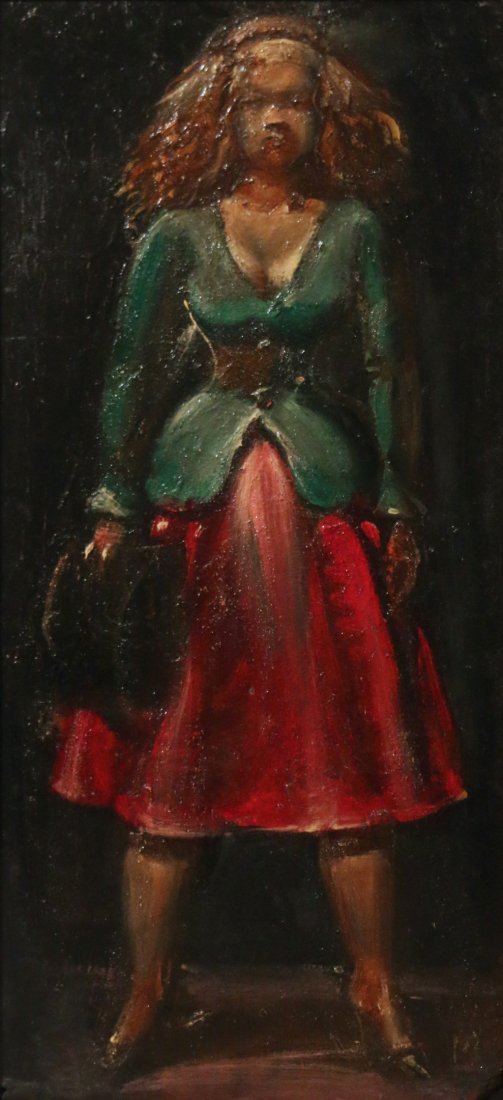 REGINALD MARSH (American, 1898-1954): Full length female, oil on board, 16” x 7 ½”, signed with initial “M” lower right, Condition: lower right corner chipped Provenance:Gift from the artist to his student, Barbara Adrian By desc
