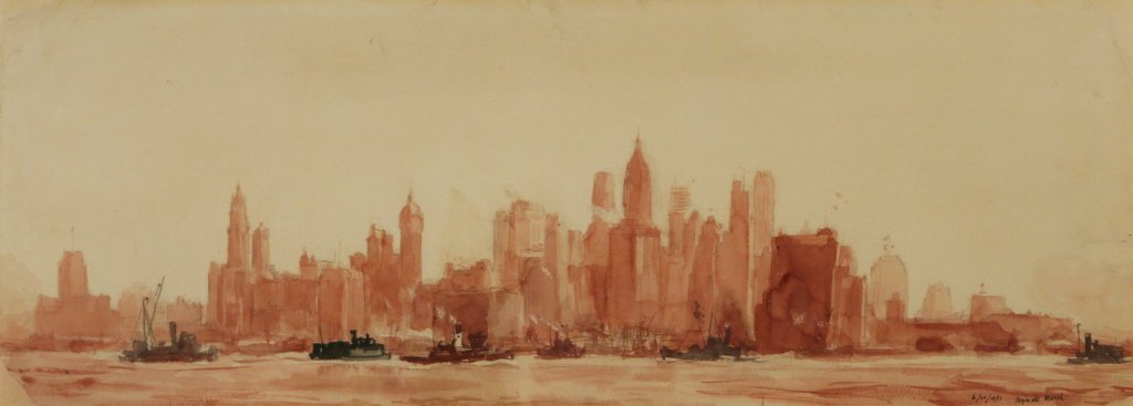 REGINALD MARSH (American, 1898-1954): New York City skyline, 1931, watercolor and pencil on paper, 11” x 29”, signed and dated “6/20/1931” lower right Provenance:Collection of Barbara Adrian By descent to current owner