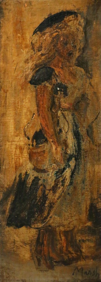 REGINALD MARSH (American, 1898-1954): Full length female with one arm akimbo, tempera on board, 12 x 4 ½”, signed “Marsh” lower right Provenance:Gift from the artist to his student, Barbara Adrian By descent to current owner