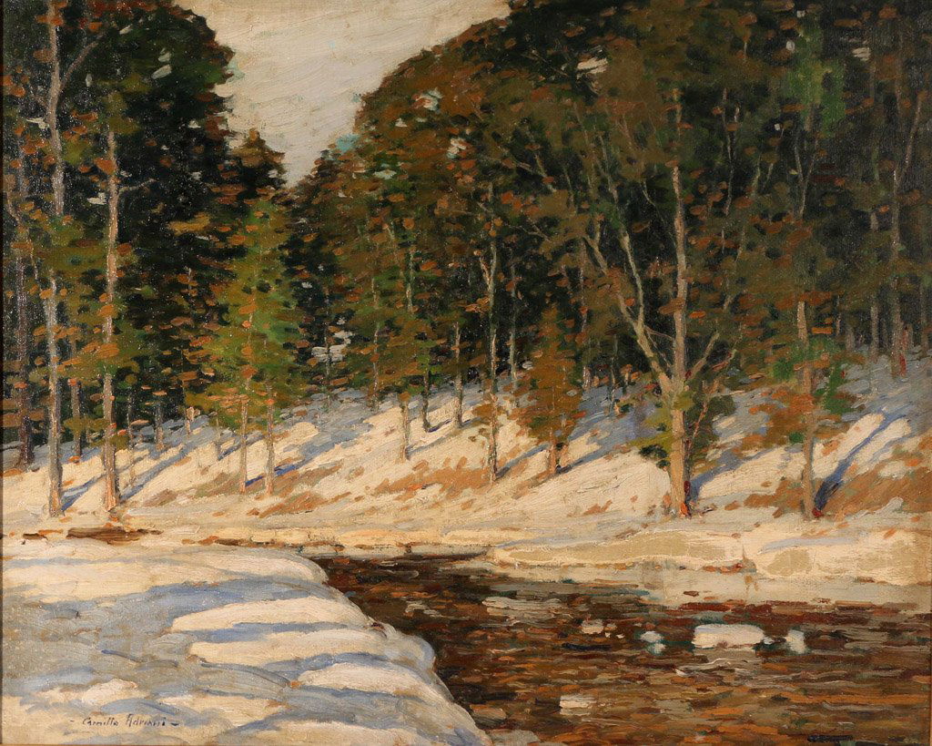 CAMILLO ADRIANI (American, early 20th Century): Snowscape, oil on canvas, 25 x 30", signed lower left, original gilt frame, soiled varnish, no apparent restoration