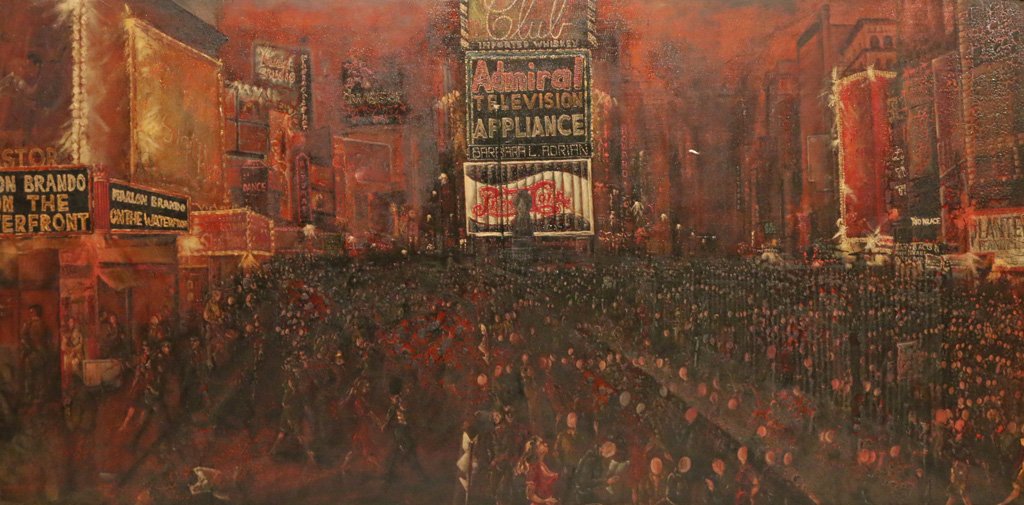 BARBARA ADRIAN (American, 1931-2014): 'Broadway', oil on board, 24 x 48”, signed and dated '1952' (?) lower right, Condition: crazing, alligatoringExhibited: 'Barbara Adrian', Gallery G (Grippi), 200 East 59th St., New York, NY, March 1