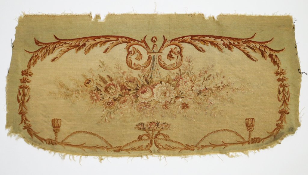 ANTIQUE FRENCH AUBUSSON SETTEE COVER: of kidney shape depicting a bouquet of carnations and other flowers, split tapestry weave with petit point and gold thread highlights, approx. 3' 8" x 1' 10"