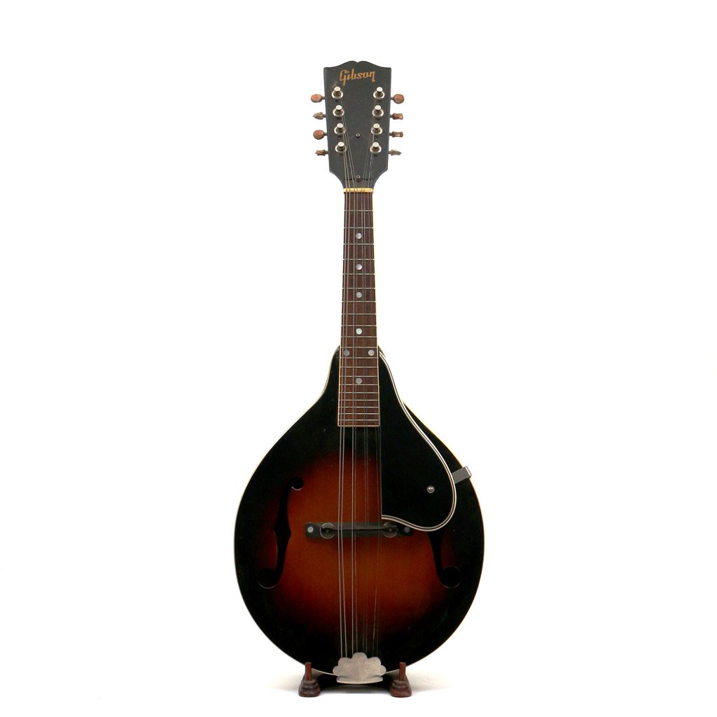 GIBSON A-50 SUNBURST MANDOLIN: circa 1958, with original canvas case, approx. 27", tuning knobs melted