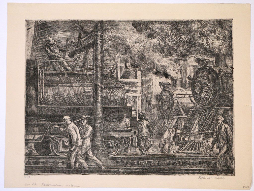 REGINALD MARSH (American, 1898-1954): 'Erie R. R. Locos Watering' (Sasowsky, 155), etching, 1934, 9" x 12" (plate), eighth state (of 8), edition of approximately 18, signed, titled, and numbered '#13' in pencil, lower margin, size of shee