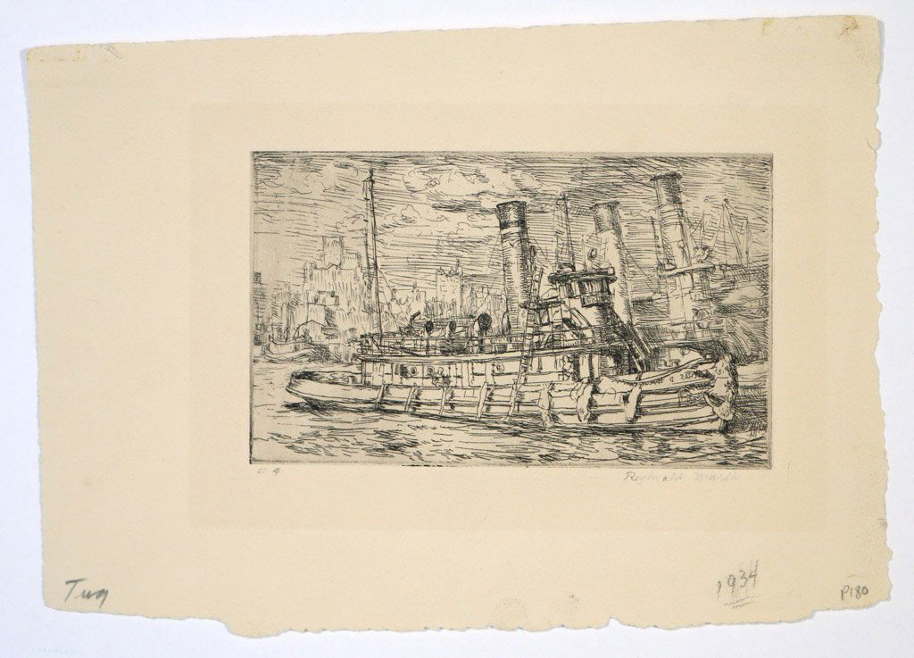 REGINALD MARSH (American, 1898-1954): 'Tug - Chas. D. McAllister' (Sasowsky, 146), etching, 1934, 3" x 5" (plate), from an edition of 12, signed and numbered '#4' in pencil lower margin, sheet size: 5 1/2" x 8"; a small but very rare prin