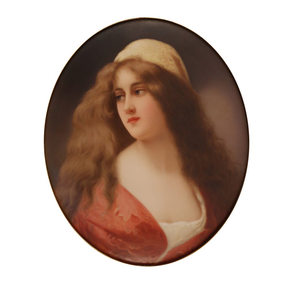 KPM PLAQUE BY WAGNER AFTER ANGELO ASTI: 'Agestra, nouh Asti', signed 'Wagner' middle right, verso with title and impressed scepter mark, 13 1/2 X 11 1/4", original gilt composition frame, finial and drop with damage