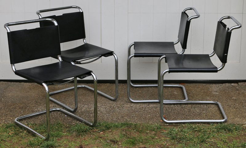 SET OF 4 MARCEL BREUER-STYLE SIDE CHAIRS: chrome with leather upholstery