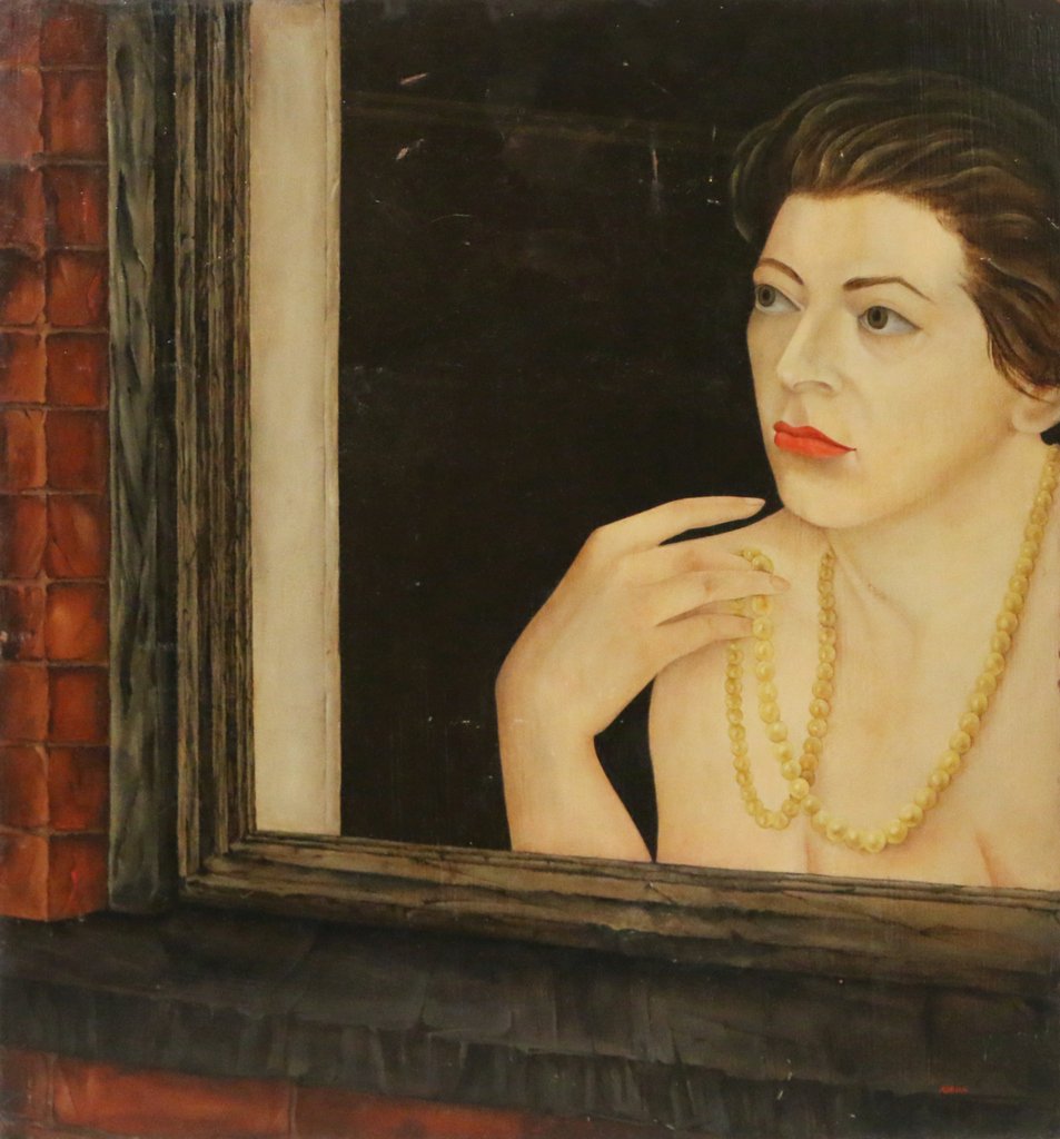 BARBARA ADRIAN (American, 1931-2014): 'The Yellow Beads', oil on board, 24 x 21", signed lower right, with Banfer Gallery label on verso; with surface abrasions, unframed