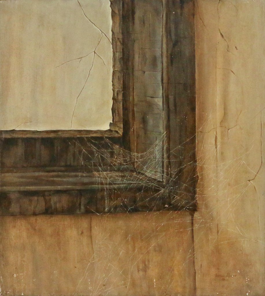 BARBARA ADRIAN (American, 1931-2014): 'The Spider Web', oil on board, 18" x 20", signed lower right and on verso, with minor flaking along lower edge