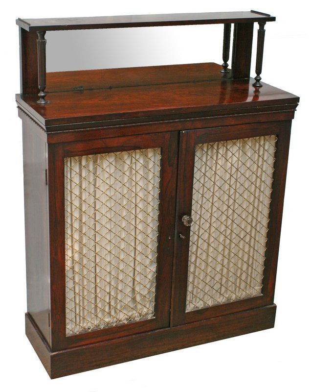 REGENCY ROSEWOOD CHIFFONIER: having a mirrored-back superstructure and double cabinet doors with grill-work, h: 46" w: 36" d: 13", with water stain on top tier