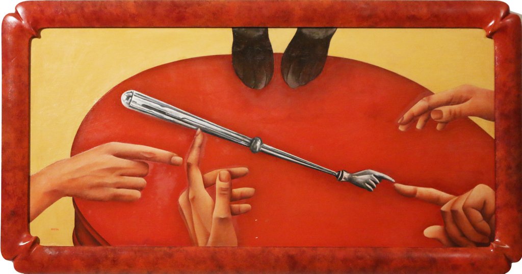 BARBARA ADRIAN (American, 1931-2014): 'Seance', oil on board, 12 1/2 x 26", signed lower left, dimensions with frame: 15 x 28", cond.: minor flaking mid center