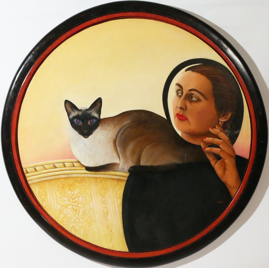 BARBARA ADRIAN (American, 1931-2014): 'The Circle' (the artist with her cat), oil on board, 30 1/2" (dia.), signed lower right, Exhibited.: The Century Association, Professional Painters, Nov. 20, 2003-Jan. 9, 2004, framed