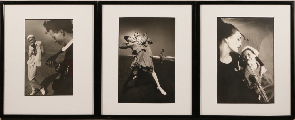 (3pc) DAVID LACHAPELLE (American, 1963-): Three silver gelatin prints of figures on a beach, 1987, signed and dated in pencil on verso, 13" x 8 3/4" (subject), printed on 11" x 14" fiber paper, one with Triton Gallery label on verso