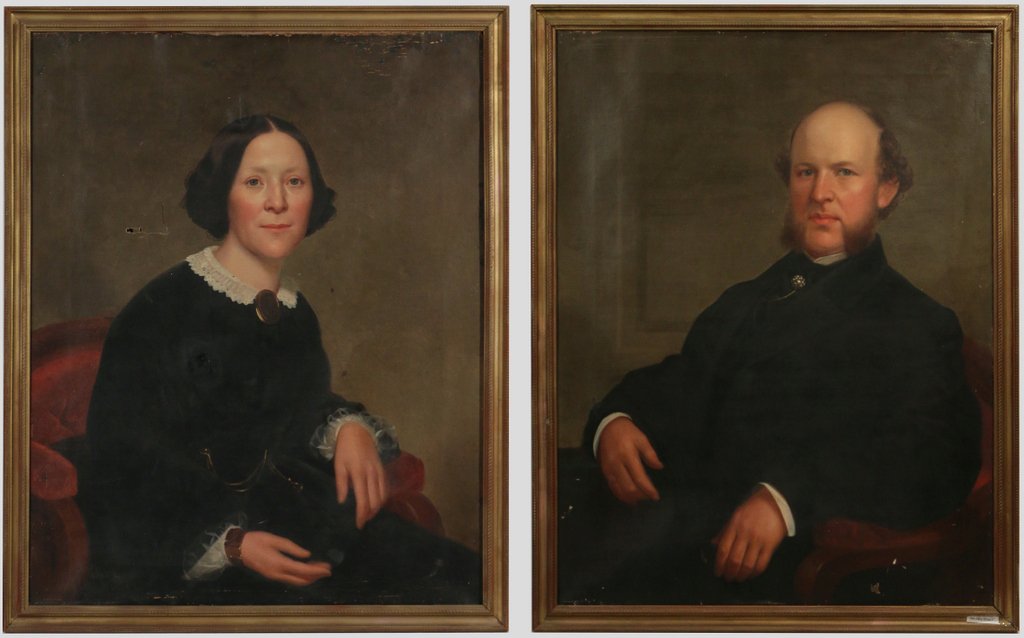 (ATTRIB.) WILLIAM SYDNEY MOUNT: Two portraits: a man and his wife, oil on canvas, 34” x 27”, the female with a water stain down the back, 3 patches, and a tear, rippled canvas; the man with 3 patches