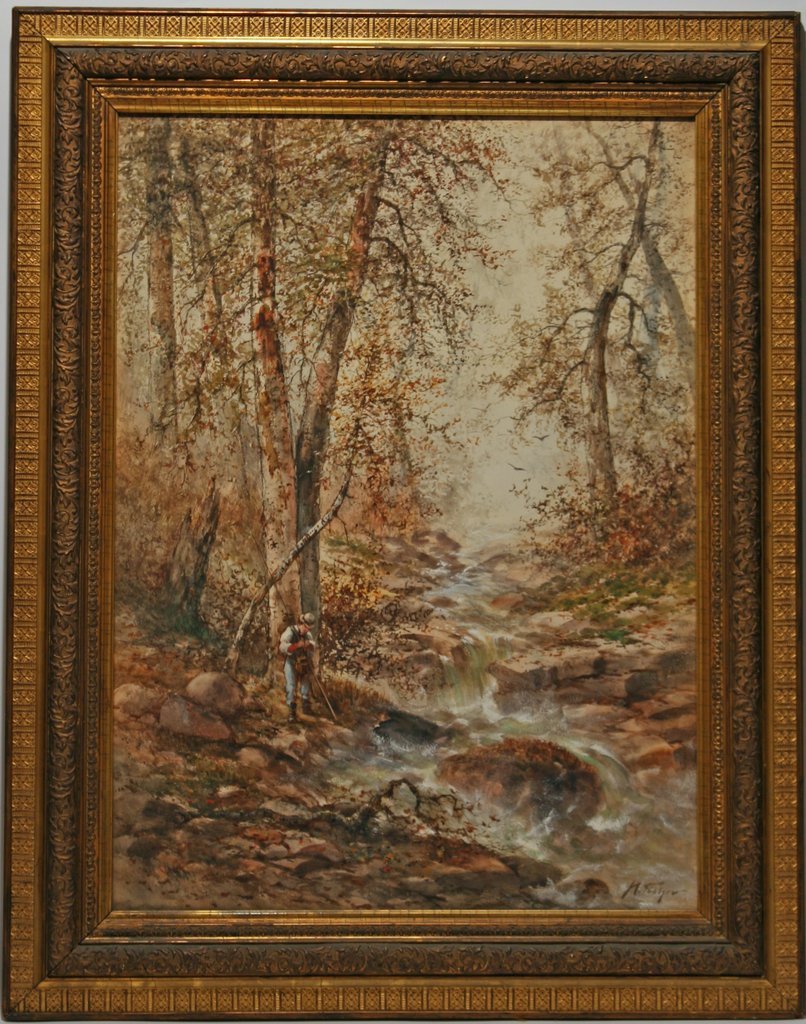 HUGO ANTON FISHER (American, 1854-1916),: Landscape with fisherman by a stream, watercolor on paper, sight: 29 ½" x 21 ½"