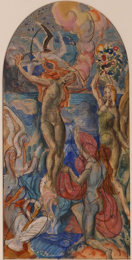 JAMES HENRY DAUGHERTY (American, 1889-1974): "South Wind, 1926" (study for mural at the President Hotel, Atlantic City, NJ), mixed media on paper, 16 3/4" x 18 1/2", with estate stamp on verso, Exhibited: The Frances Lehman Loeb Art Center, Vass