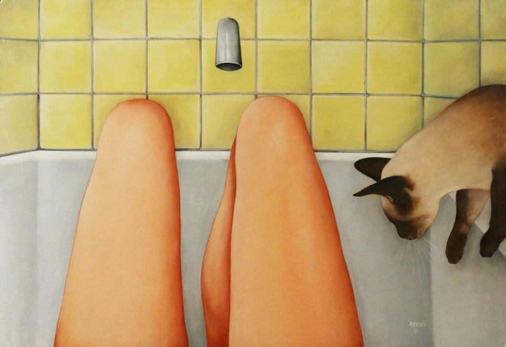 BARBARA ADRIAN (American, 1931-2014): Partial view of a female in the tub with a cat, oil on board, 16" x 24 1/2", signed lower right, framed