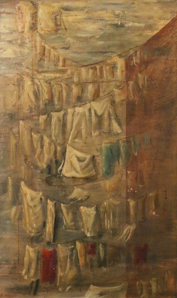 BARBARA ADRIAN (American, 1931-2014): 'Monday Morning, 1956-1957' (clothes line in the city), oil on board, 24" x 15", signed and dated lower left, with Gallery G label on versoExhibited: 'Barbara Adrian', Gallery G (Grippi), 200 East 59t