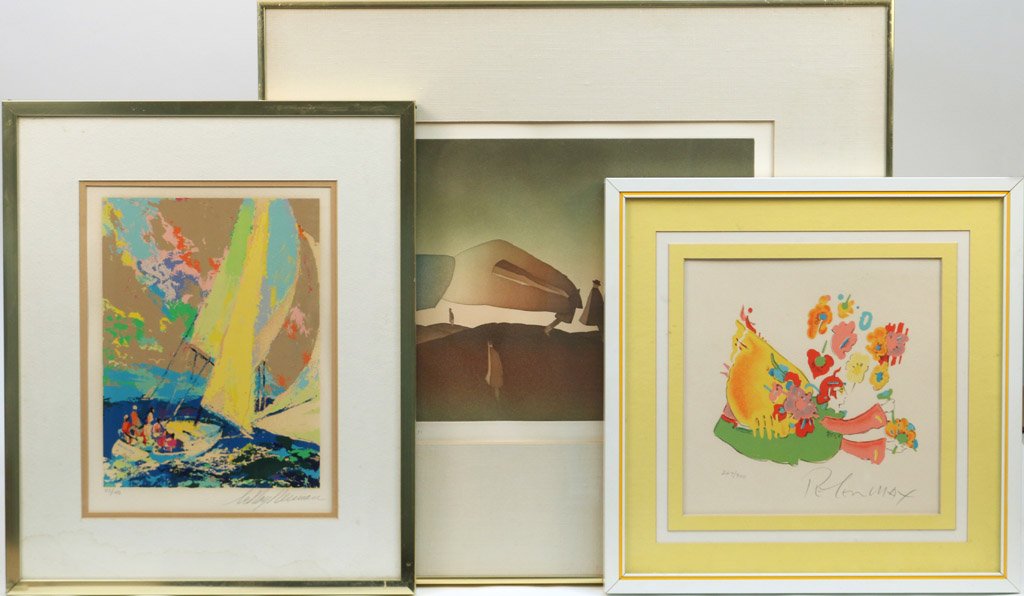 (3pc) MODERNIST PRINTS: including: JEAN-MICHEL FOLON (Belgian, 1934-2005); Untitled, aquatint, ed. 45/90 signed lower right. sight 12 x 14 3/4"; LeROY NEIMAN (American 1921-2012) Brigette Sailboat, color serigraph, ed. 107/1