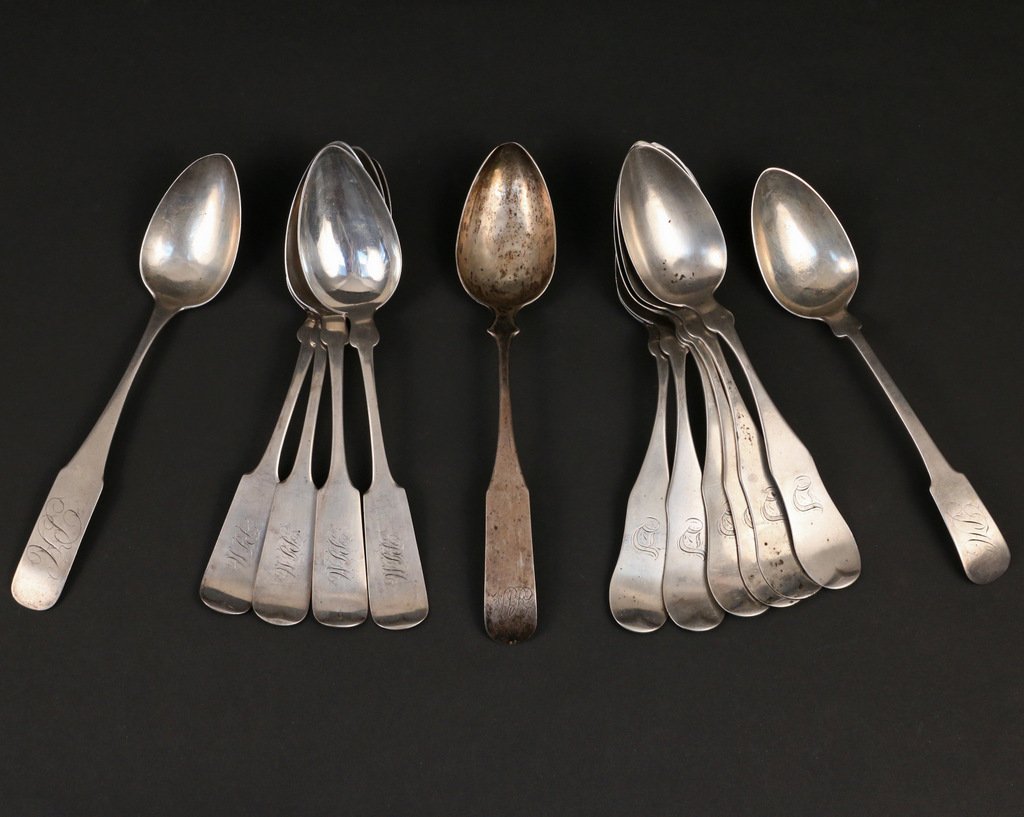 (13pc) COIN SILVER TABLESPOONS: Incl. a set of six Forbes & Foster w. mongram 'D'; a set of four Georgian tablespoons; a spoon by W. Brown; a spoon marked "J.P. Pittsburgh"; and spoon marked "Parisen"; appx. 20 toz