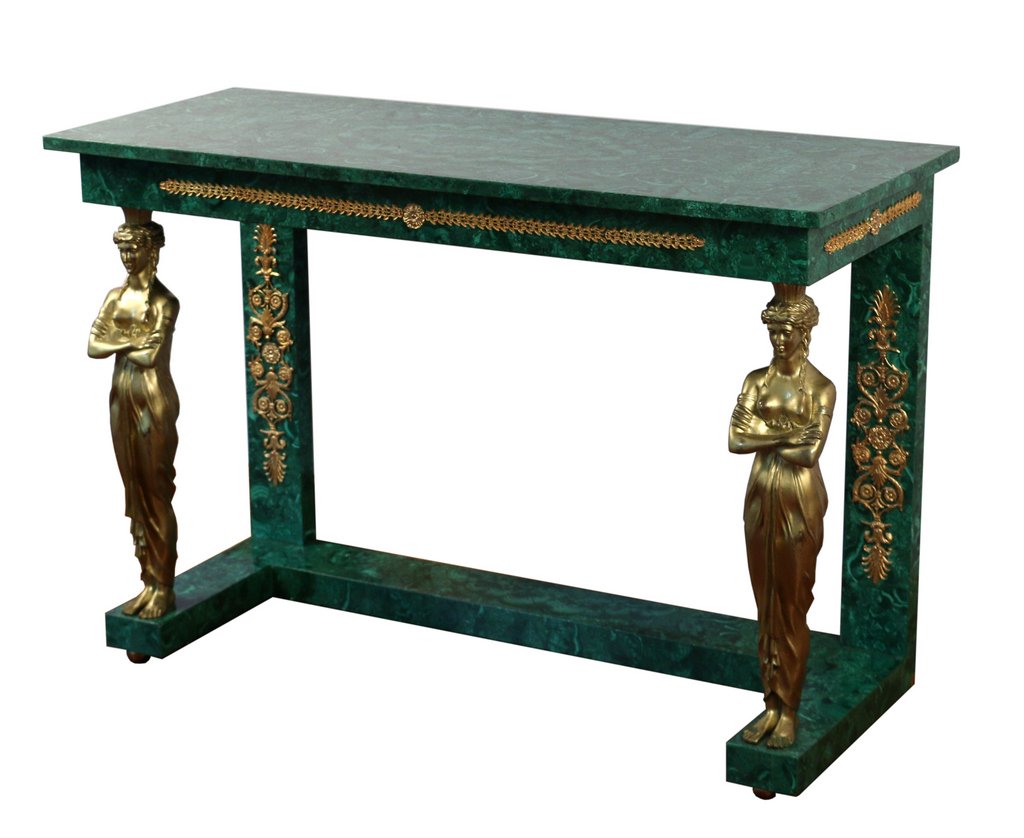 RUSSIAN EMPIRE STYLE MALACHITE-VENEERED PIER TABLE: 20th Century, of rectangular shape with caryatid form supports and gilt ormolu mounts of scrolling rosettes, anthemion, and laurel, h. 32" w. 48" d. 18"