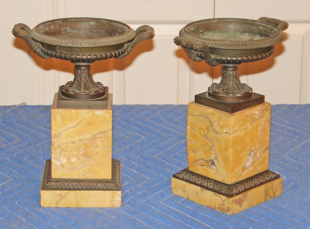 PR. FRENCH ORMOLU AND SIENNA MARBLE TAZZAS: h. 10 1/2", w. 7 1/2" (over handles), both with small marble chips, one at corner, other at base