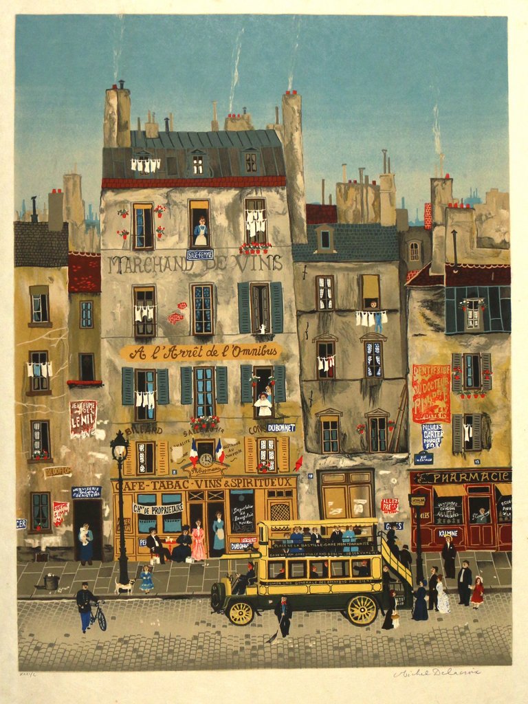 (3pc) MICHEL DELACROIX LITHOGRAPHS: including a hunting scene, artist's proof, 25 x 31 1/2" (sheet); a Parisian scene with a marching band, ed. 114/150, 25 x 31 1/2" (sheet); and a street scene with a bus, ed. 31/100, 29 1/2 x 22" (shee