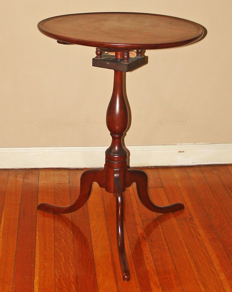 CHIPPENDALE-STYLE BIRDCAGE CANDLESTAND: 19th Century, having a dish top, 2-piece construction, tripod base, repaired foot, h. 28" d. 18 3/4"