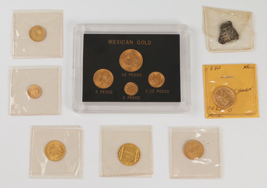 LOT OF GOLD COINS: including an 1882 U.S. 5$ gold coin; a cased set of four Mexican gold coins; an 1897 Russian 5 ruble gold coin; a 1905 Austrian 10c gold coin; a 1927 1-ducat gold coin; plus a fragment of an ancient c