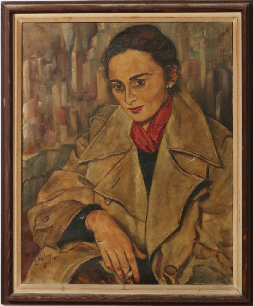 MID-20TH C. AMERICAN SCHOOL:: Seated portrait of Barbara Adrian, oil on canvas, 26 x 21", signed and dated 'L. Paley, 1955' lower left, cond.: with tear in hand