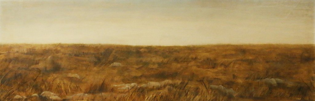 BARBARA ADRIAN (American, 1931-2014): Panoramic grasslands landscape, oil on board, 12" x 36", signed lower right