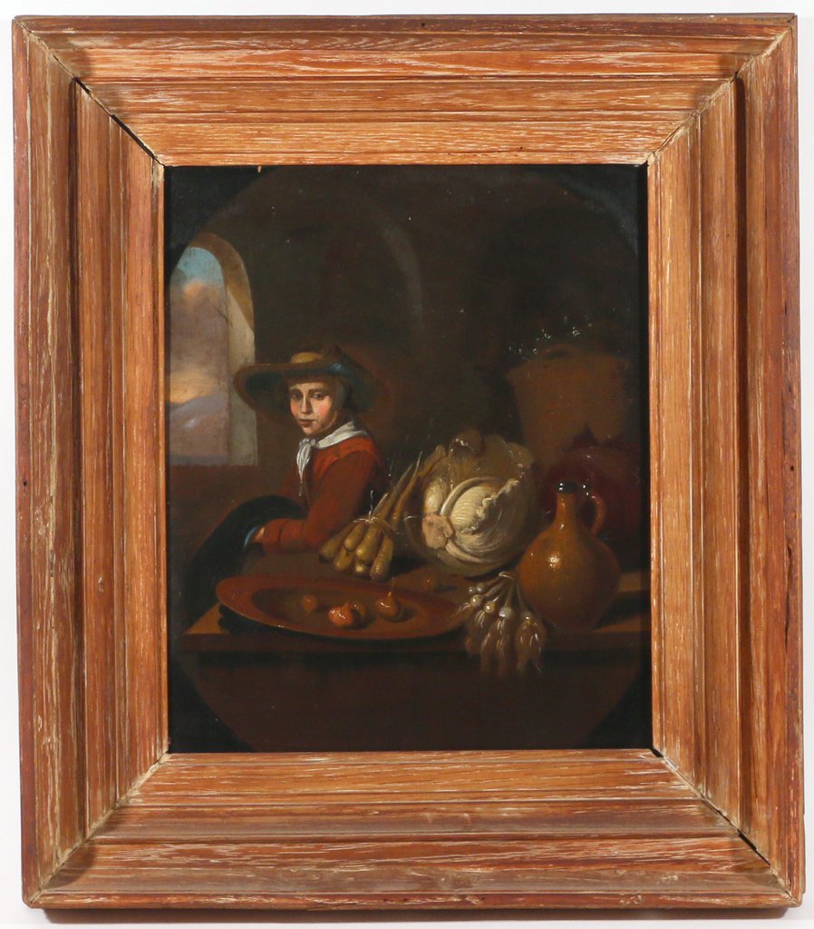 CONTINENTAL SCHOOL: 19th Century, Genre scene with a figure seated by a table, oil on wood, 15 1/2" x 13"