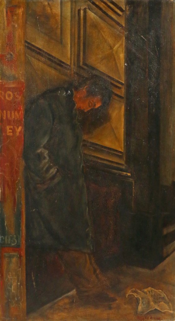 BARBARA ADRIAN (American, 1931-2014): 'Monday Morning, 1954' (figure standing in dejection), oil on board, 32 3/4" x 18 1/4", signed and dated '1954' lower right, along with a Gallery G photograph of the painting, with some alligatoring i