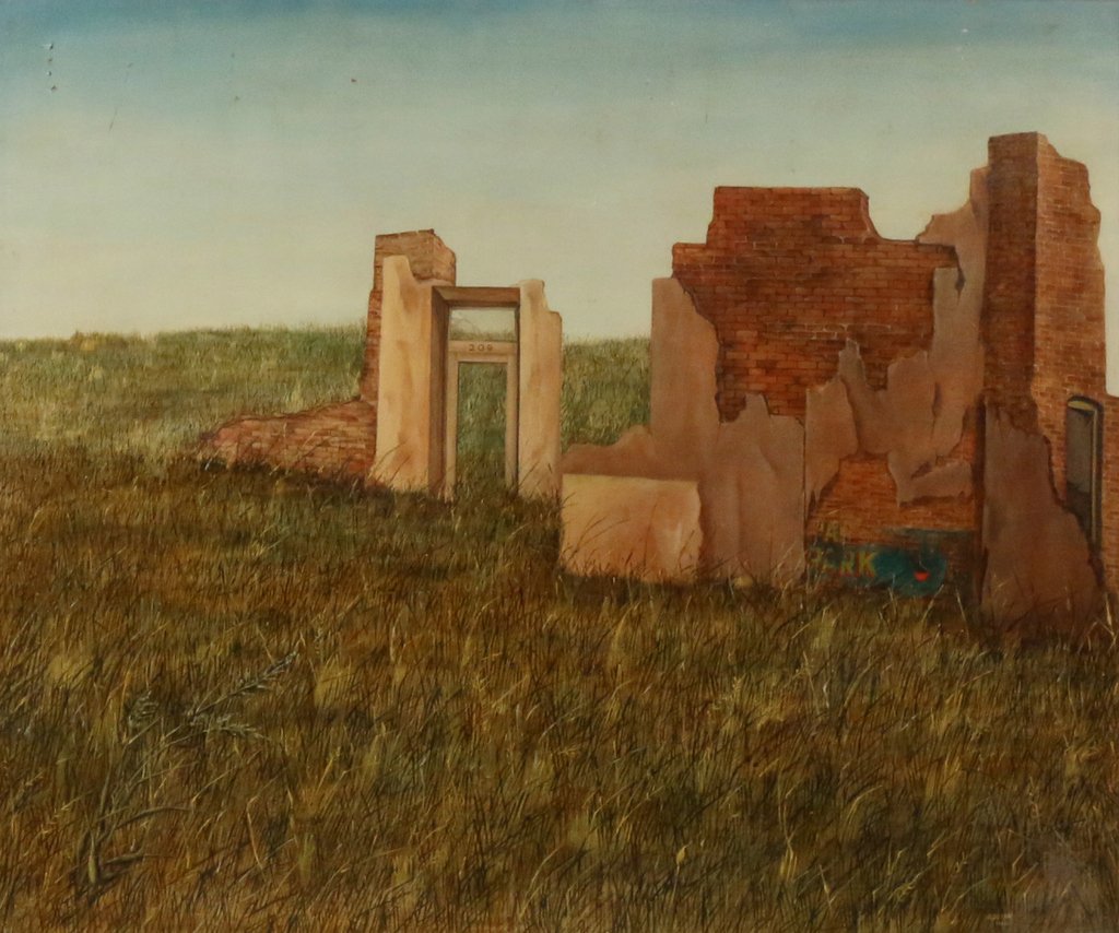 BARBARA ADRIAN (American, 1931-2014): Field with apartment ruins, oil on board, 30" x 36", signed and dated '1962' lower right
