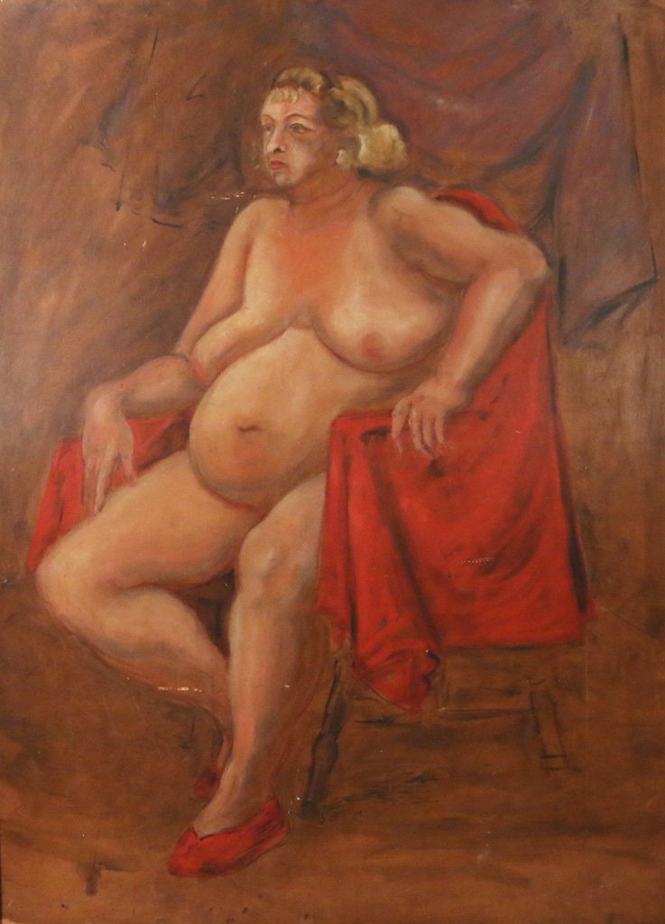 BARBARA ADRIAN (American, 1931-2014): Portrait of a large woman, 1953, oil on cardboard, 64" x 48", signed and dated lower right, with losses, board warped