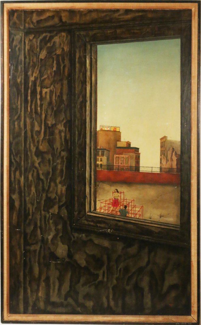 BARBARA ADRIAN (American, 1931-2014): View of rooftops from a window, oil on board, 60 x 36”, 1962, signed and dated lower right, with Banfer Gallery, 67th st. label on verso