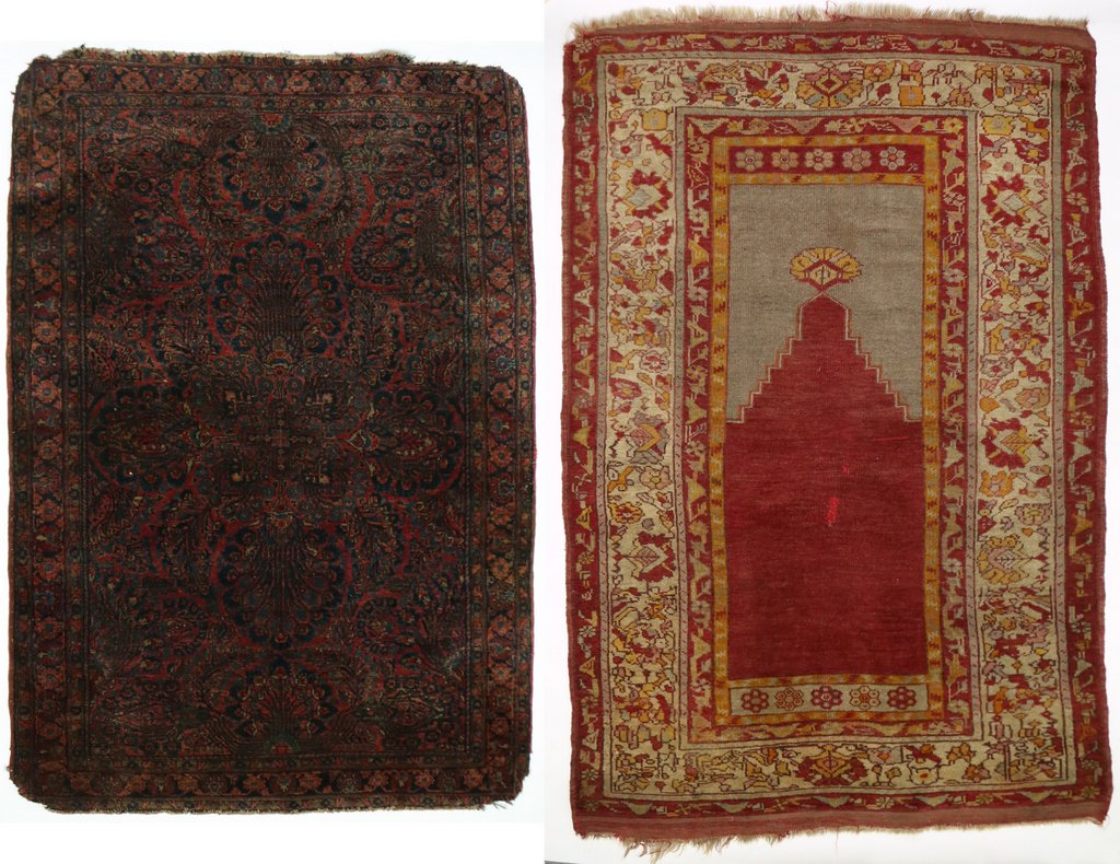 TWO ANTIQUE ORIENTAL RUGS: including a Sarouk with a deep red ground, 5' x 3' 6"; and an Anatolian prayer rug with a stepped red mihrab, 5' 6" x 3' 6"