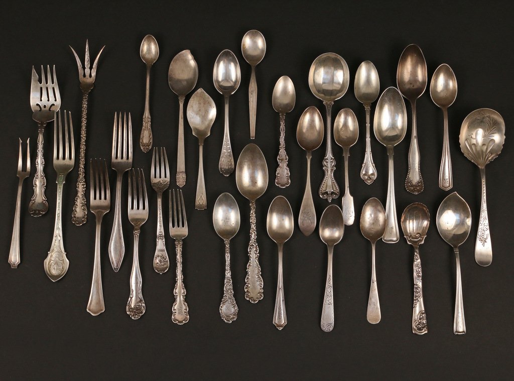 (30pc) MISC. STERLING SILVER FLATWARE: Incl. three ice cream scoops; two berry scoops; sixteen misc. spoons; six dinner forks; a lemon fork; a butter fork and a cold meat fork; appx. 30 toz