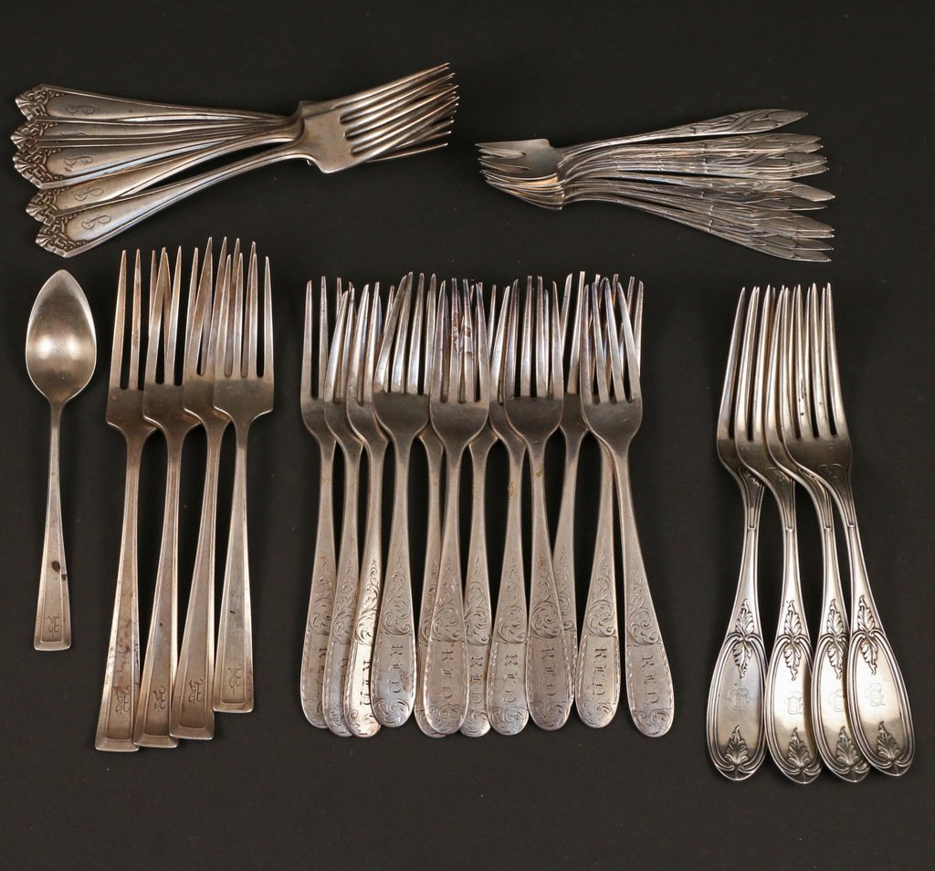 (39pc) FIVE PARTIAL SILVER FORK SETS: Incl. four Smith & Chamberlain coin dinner forks; twelve early S. Kirk & Son dinner forks (c. 1840); four Reed & Barton dinner forks; set of six salad forks; and twelve sterling olive forks; plus a si