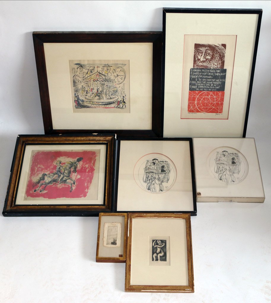 (7pc) 20TH CENTURY PRINTS:: including 'Walt Whitman', woodblock, ed. 23, sgd.indistinctly and dated '65, 13 x 8" (sight); After Reginald Marsh, Child on a carousel, offset litho. 8 1/4 x 10"; two Barbara Adrian hand colored lith