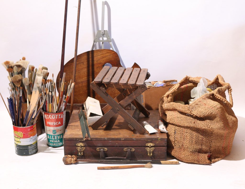 ARTIST'S SUPPLIES: ESTATE BARBARA ADRIAN, NA: deceased, incl.: brushes; oil and tempera paints; paint boxes,out door easel, etc.