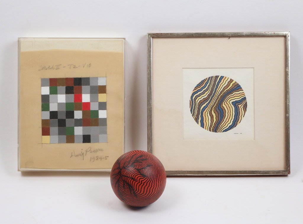 (3pc) HENRY CHARLES PEARSON (AMER. 1914-2006): including: a papier mache sphere, d. 4", unsigned; a circular abstract watercolor on paper, dated 1966, sgd., 5 1/2 x 5 1/2" (sight); and 'Sketch 11 -t2-v20', oil on rubber paper, 9 x 8"