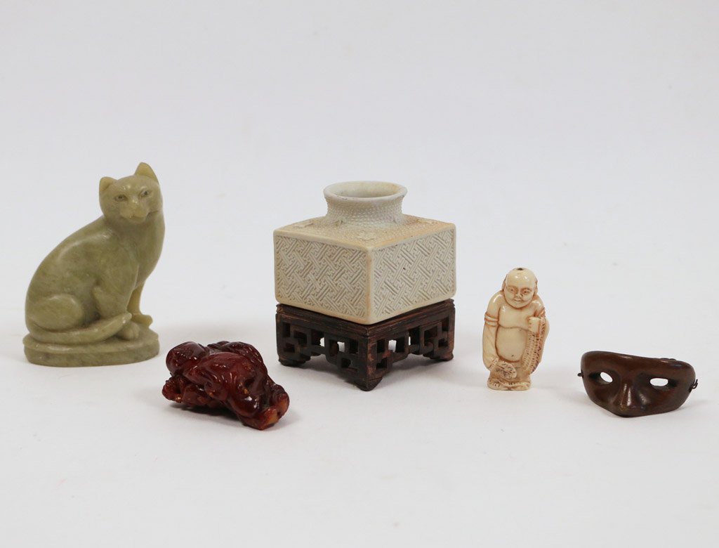 (5pc) CHINESE OBJET D'ART: including a soapstone cat, h. 3"; a resin carving of man, with losses; an earthenware square vase & fitted stand; a bone carving of a man; and a bronze Noh mask